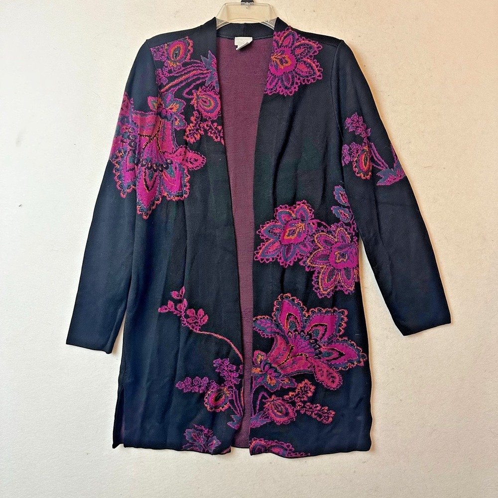 Chicos Floral Paisley Open Front Cardigan Sweater Black Pink Purple Size 1 M‎